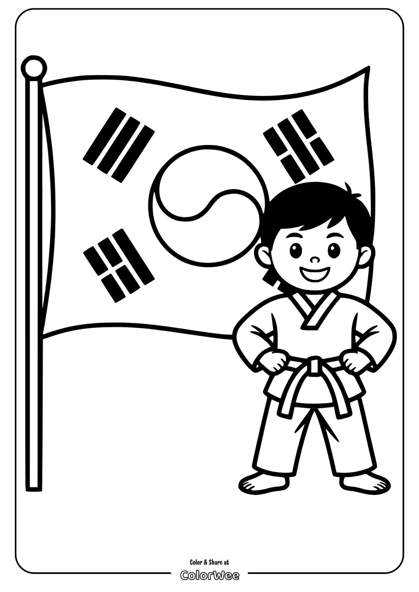 Taekwondo kid with Korean flag coloring page.