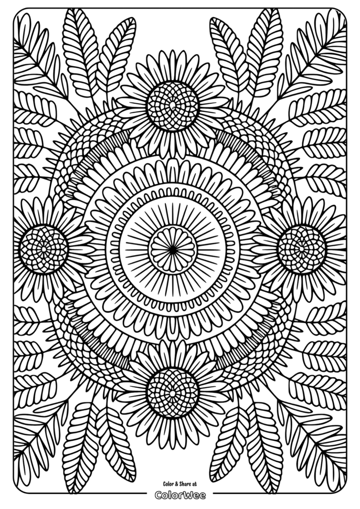 Sunflower mandala coloring page with intricate leaf patterns.