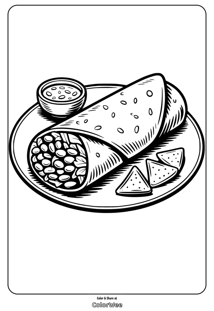 Burrito coloring page with nachos and salsa on a plate.