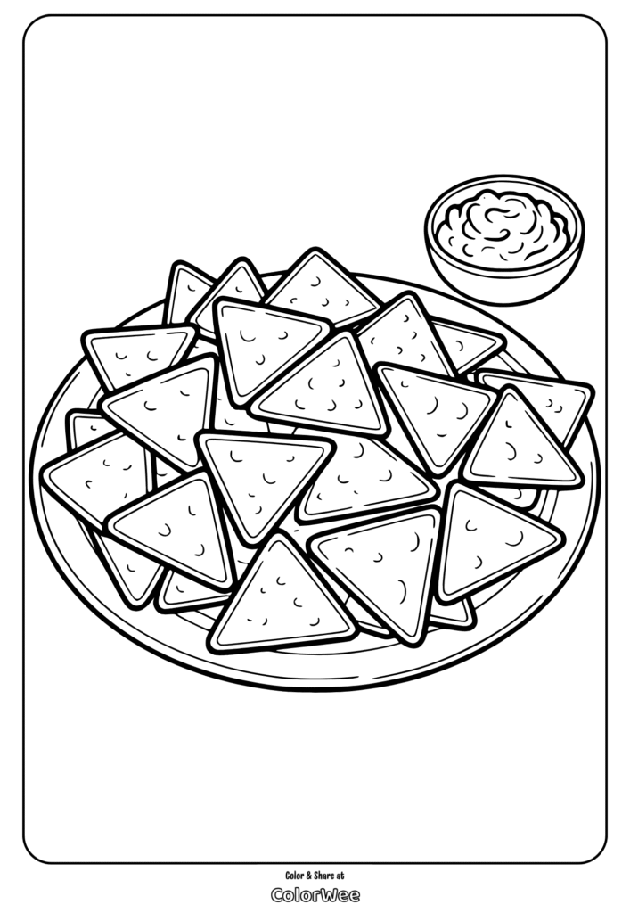 Nachos and dip coloring page for kids.