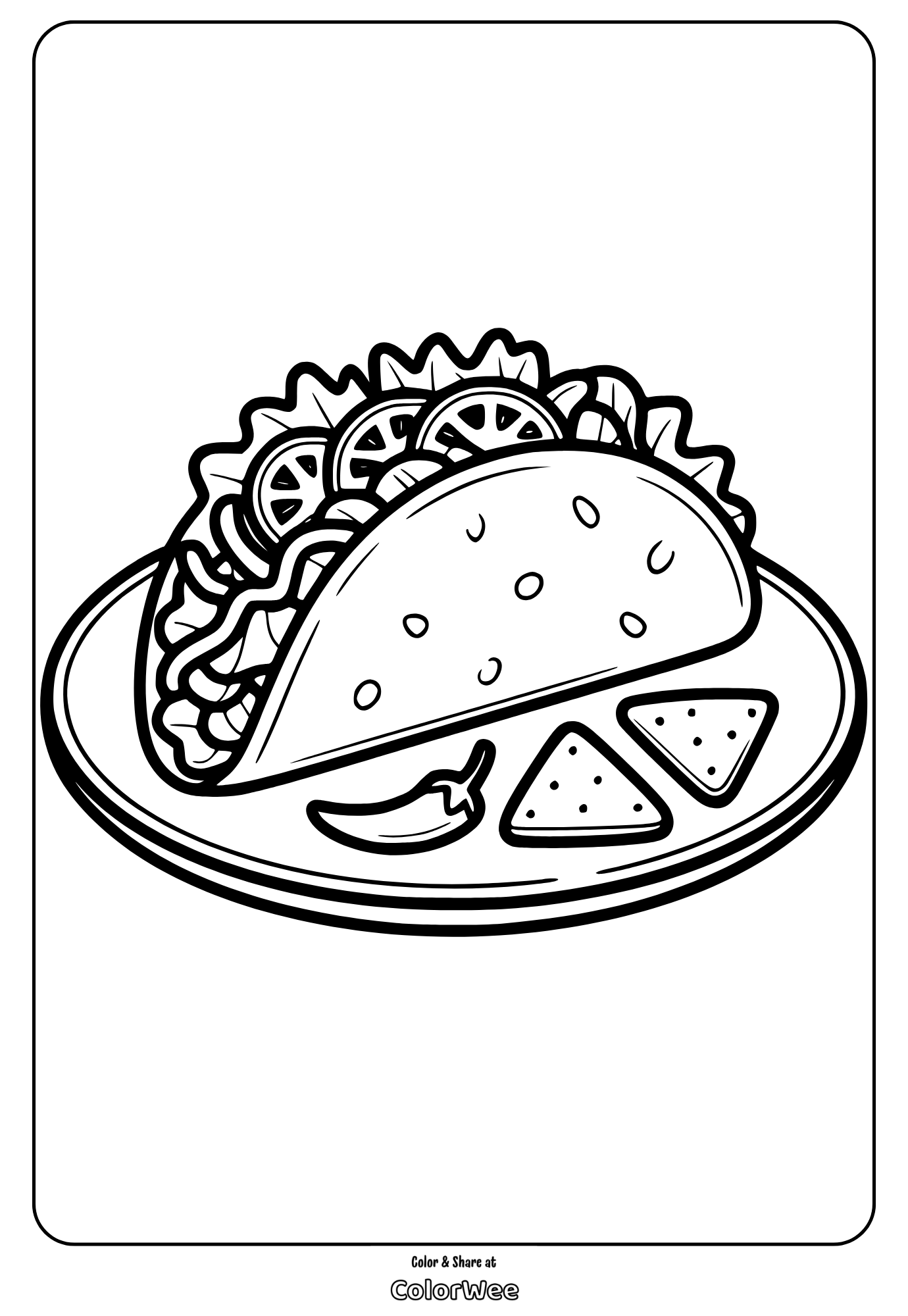 mexican food taco plate Taco coloring page with chips and pepper on a plate.