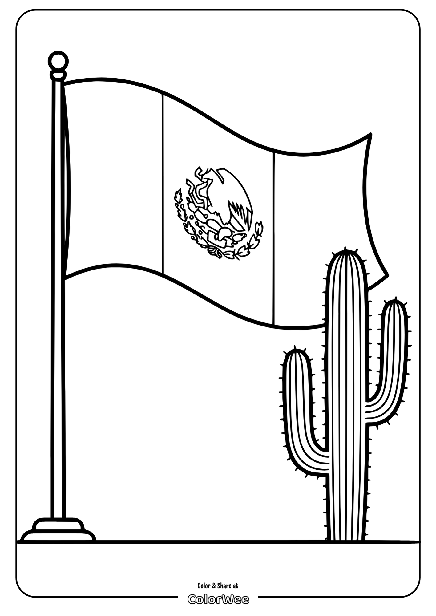 Mexican flag coloring page with cactus illustration.