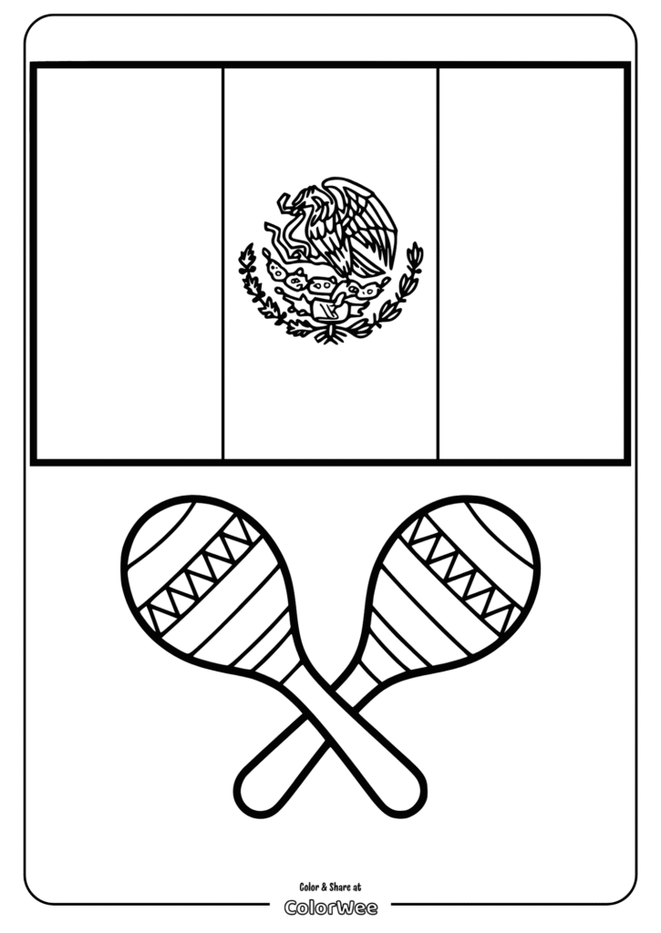Mexican flag and maracas coloring page for kids.