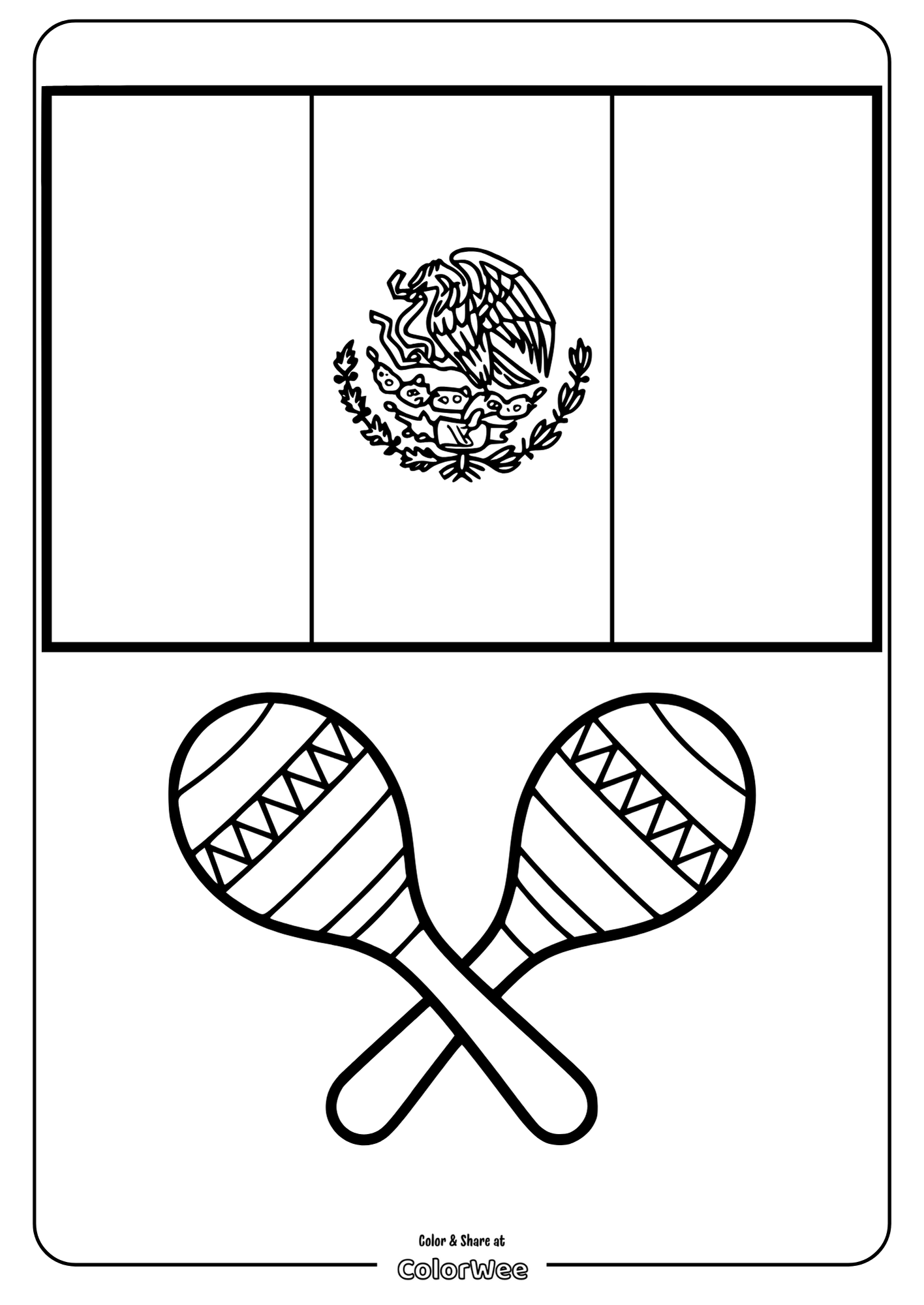 Mexican flag and maracas coloring page for kids.