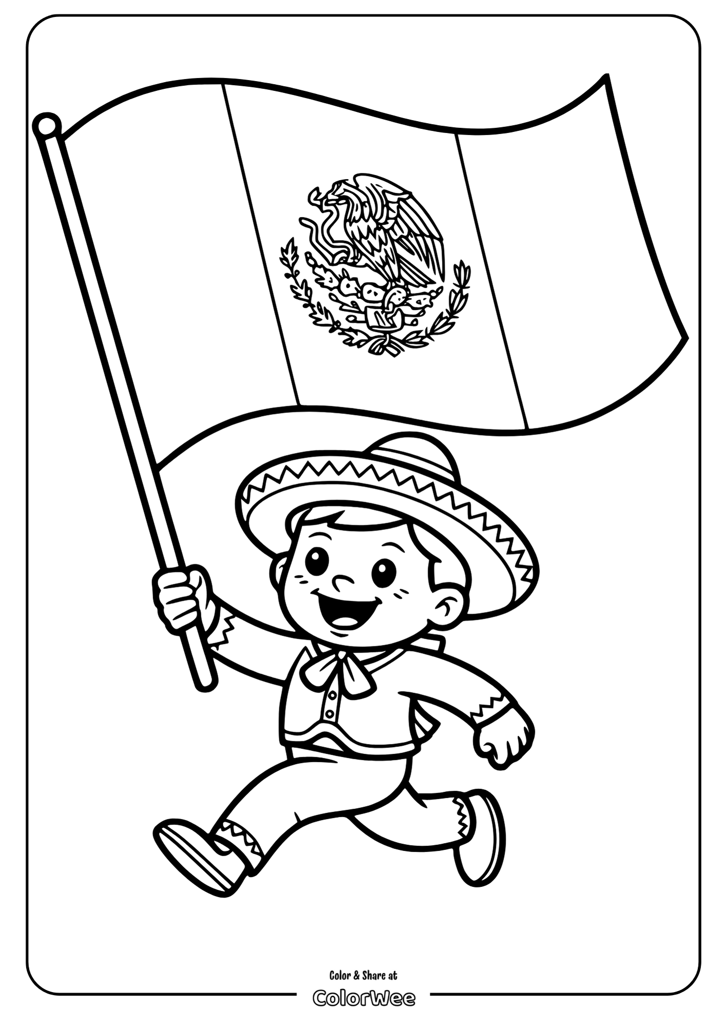 Child waving Mexican flag coloring page.