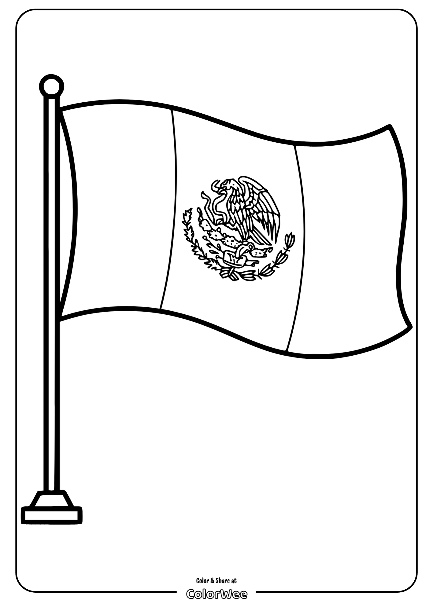 Coloring page of Mexican flag waving on a flagpole.