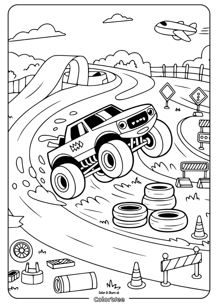 Monster truck on track coloring page with airplane and ramp.