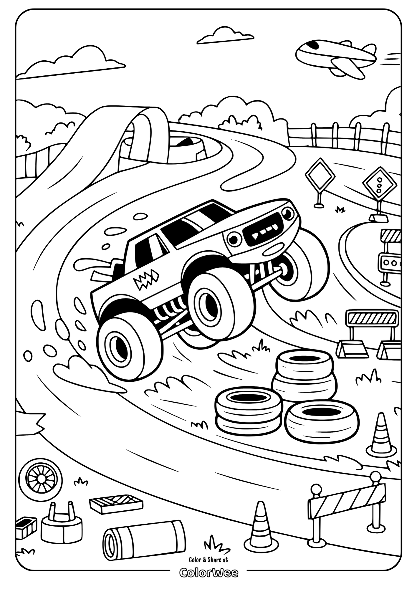 Monster truck on track coloring page with airplane and ramp.