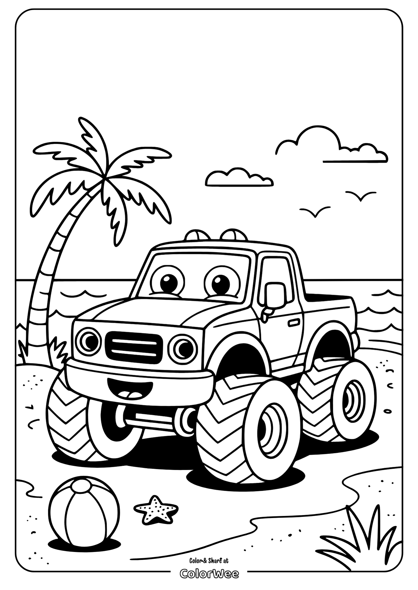 Monster truck coloring page by the beach with palm trees.