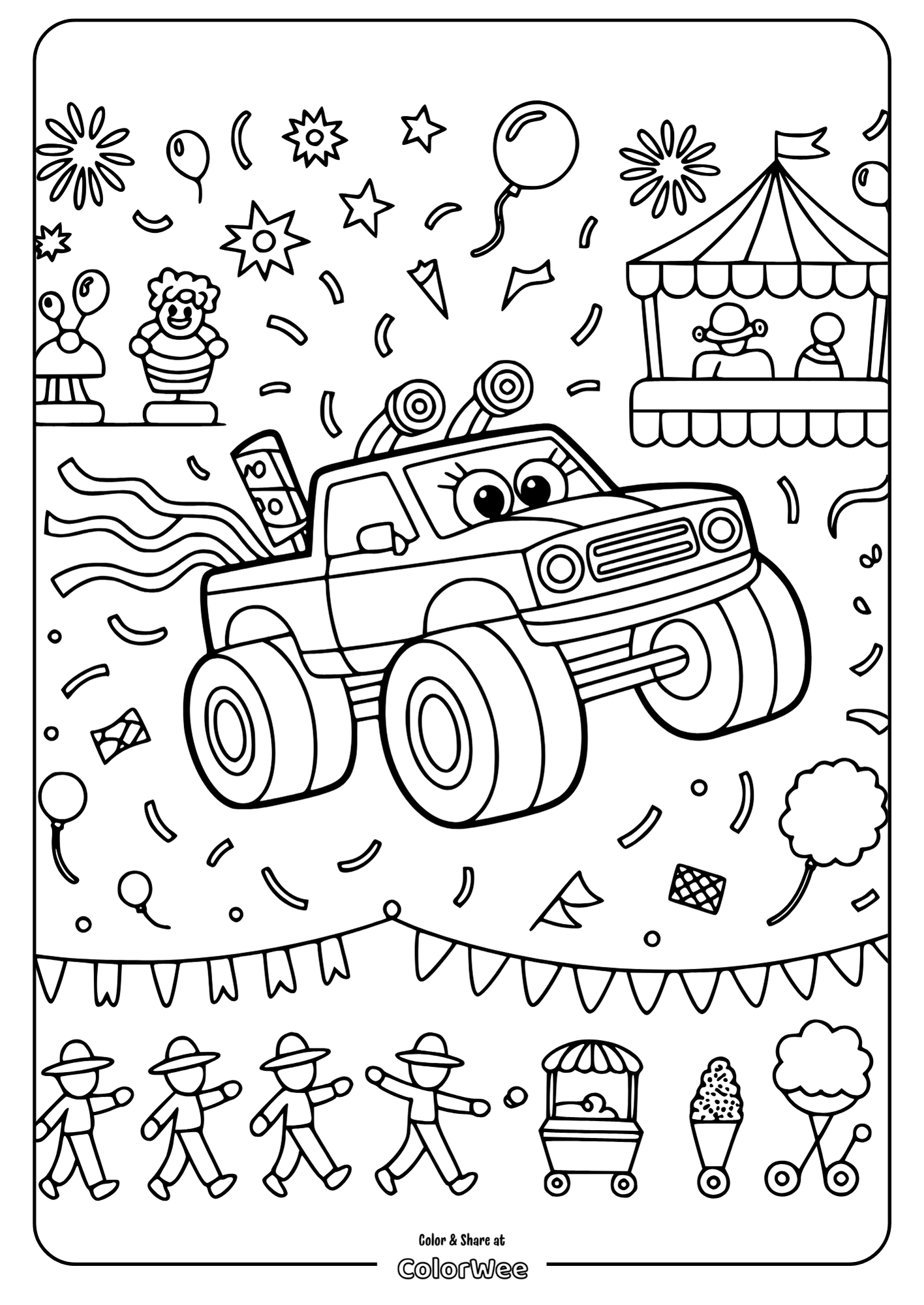 Monster truck at festival, kids' coloring page with festival scenes.