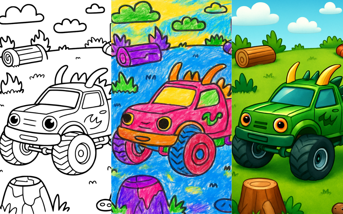 Monster truck coloring page in three stages: outline, colored, completed.