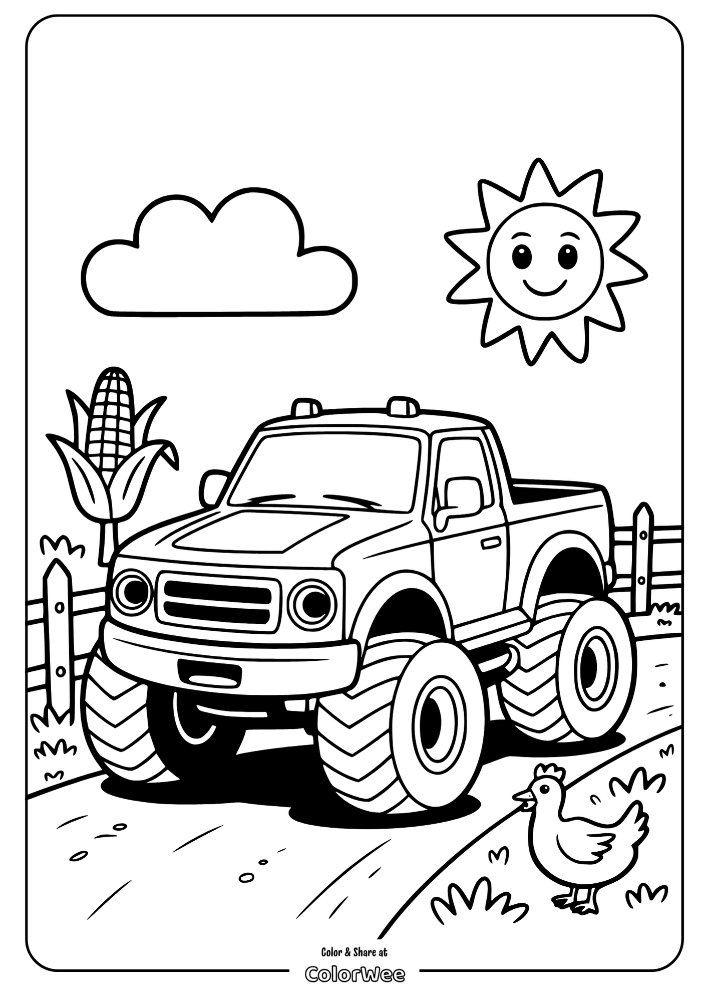 Monster truck coloring page with sun, cloud, and farm scenery.