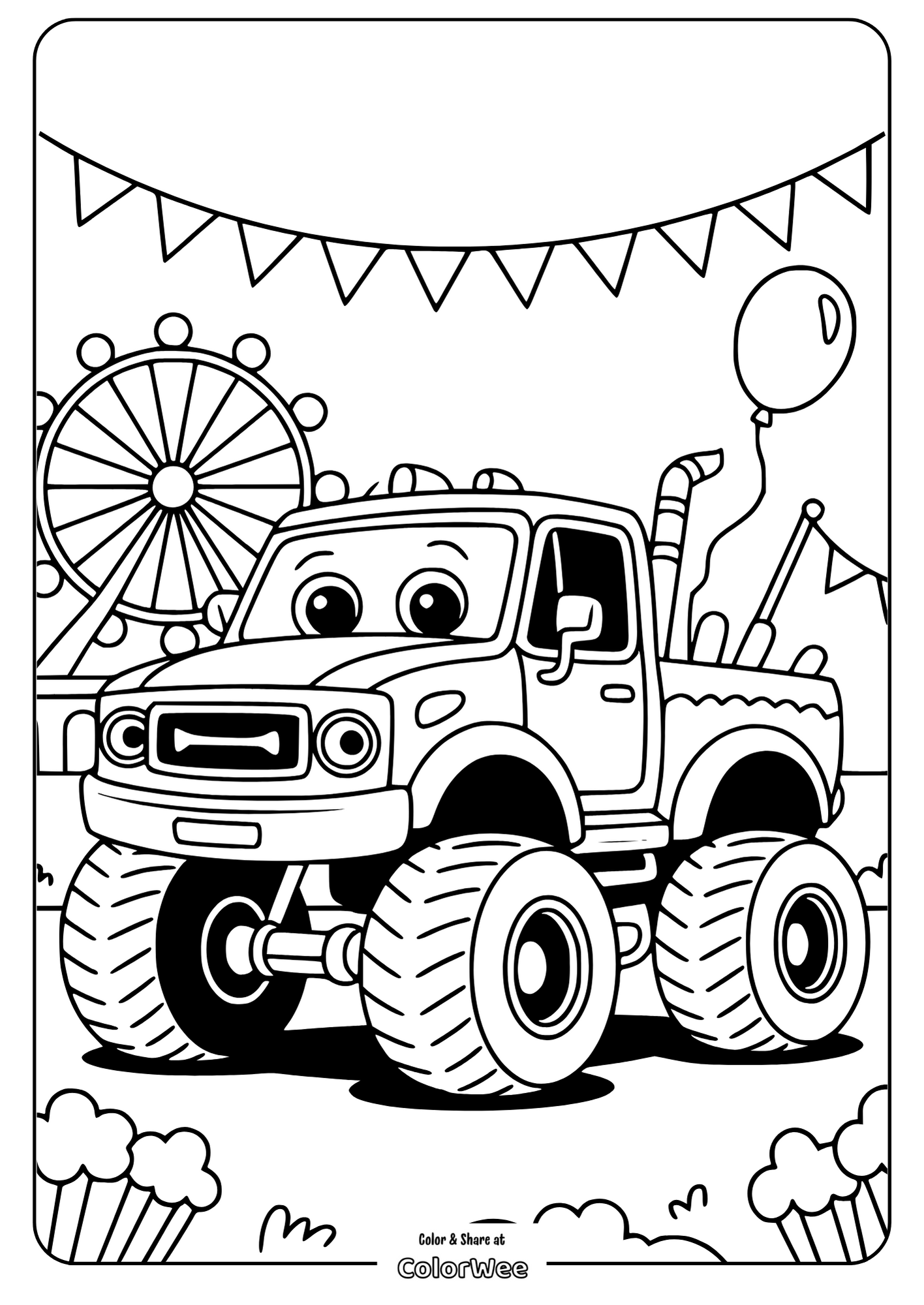Cartoon monster truck at a carnival coloring page with Ferris wheel.