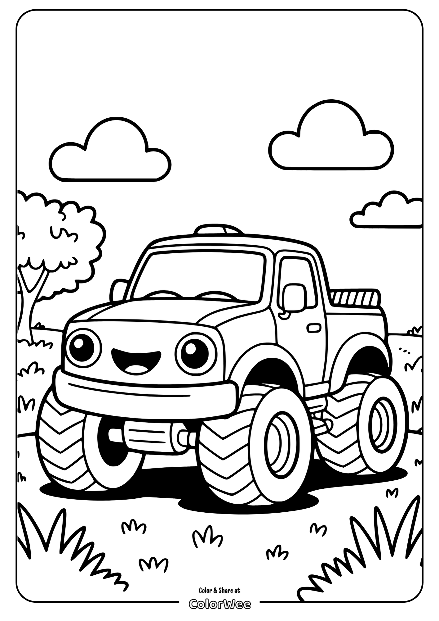 Happy monster truck coloring page for kids.