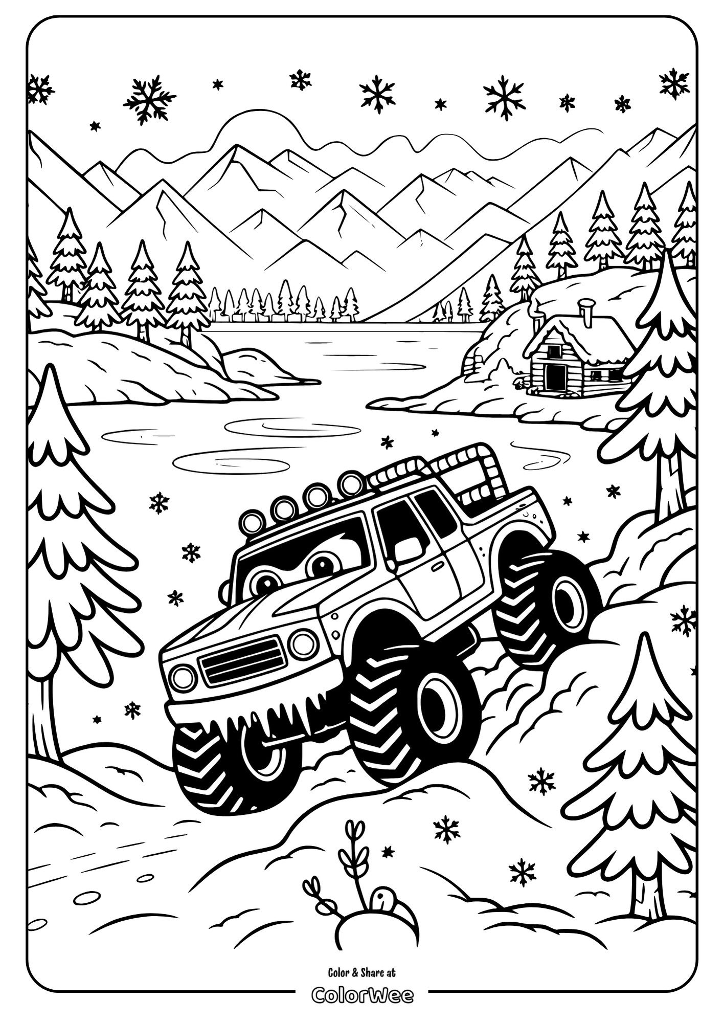 Monster truck in snowy mountain landscape coloring page.