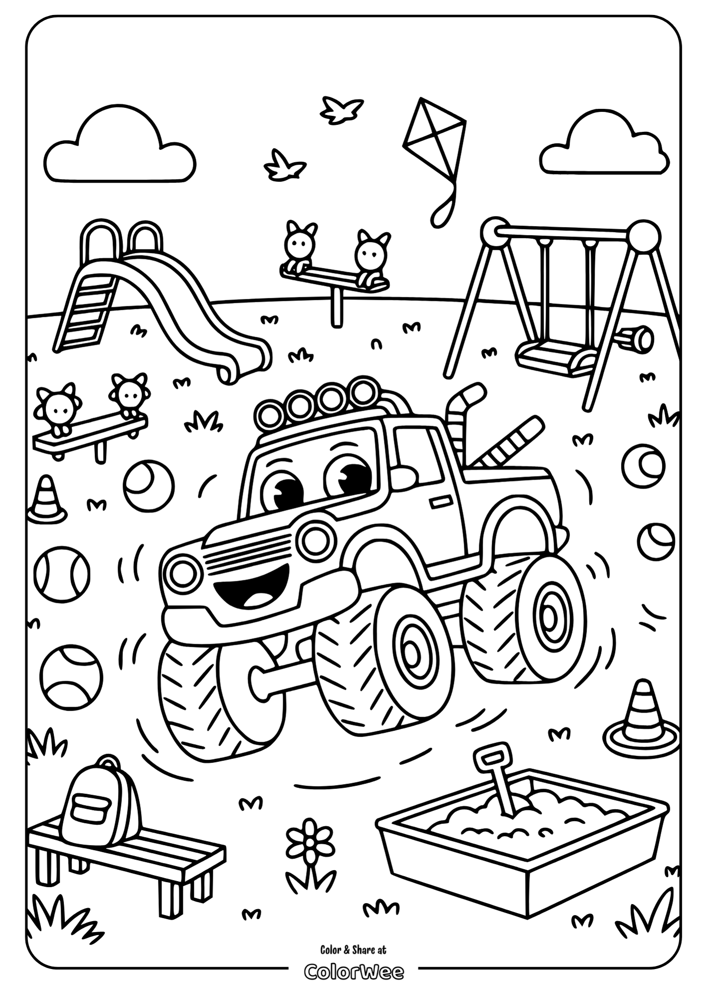 Monster truck in playground coloring page for kids.