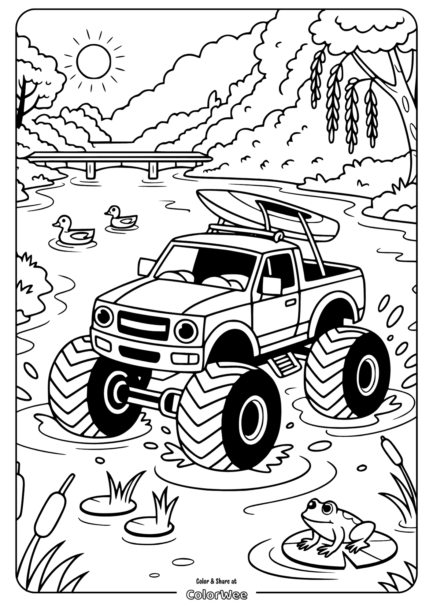Monster truck in river with ducks, frog, and bridge background coloring page.