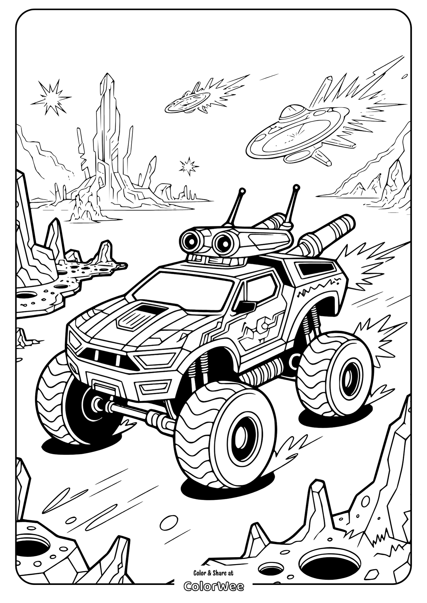 Alien landscape coloring page with futuristic monster truck.