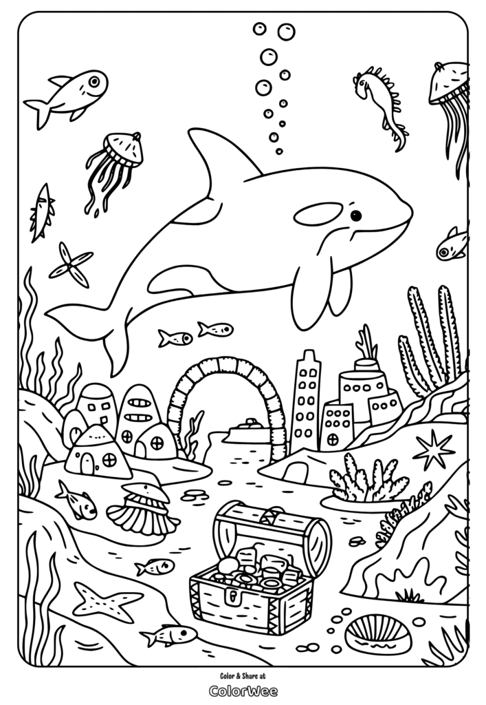 Orca in underwater scene with treasure and sea creatures.