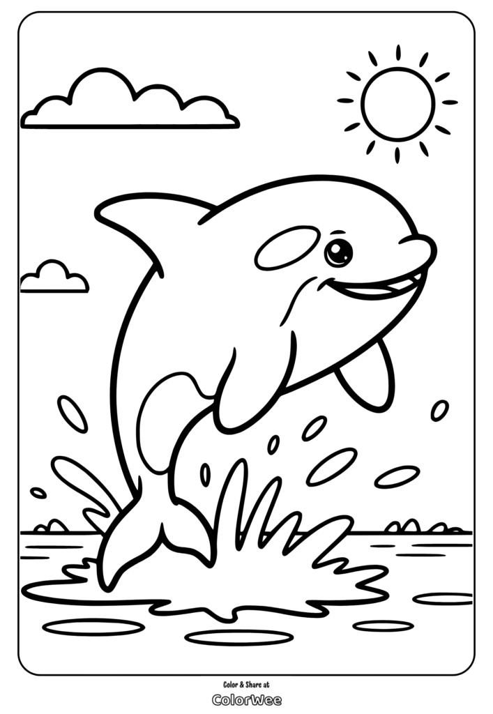 Jumping dolphin coloring page for kids' fun and creativity.