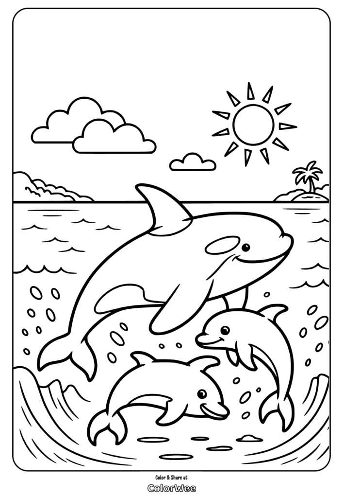 Playful dolphins and sun, ocean-themed coloring page for kids.