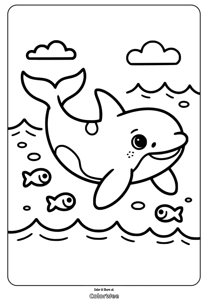 Smiling dolphin coloring page with fish and waves.