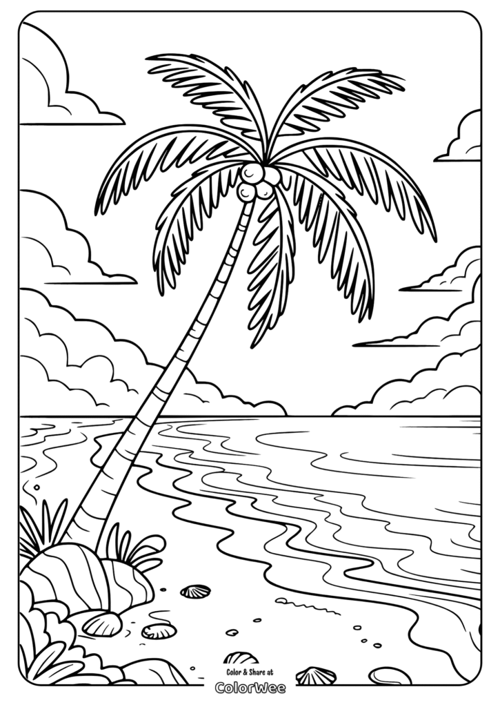 Palm tree on beach coloring page with ocean waves and clouds.