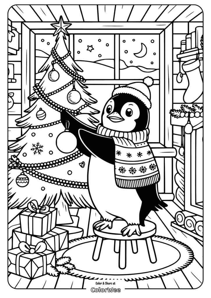 Penguin decorating Christmas tree, cozy winter scene coloring page.