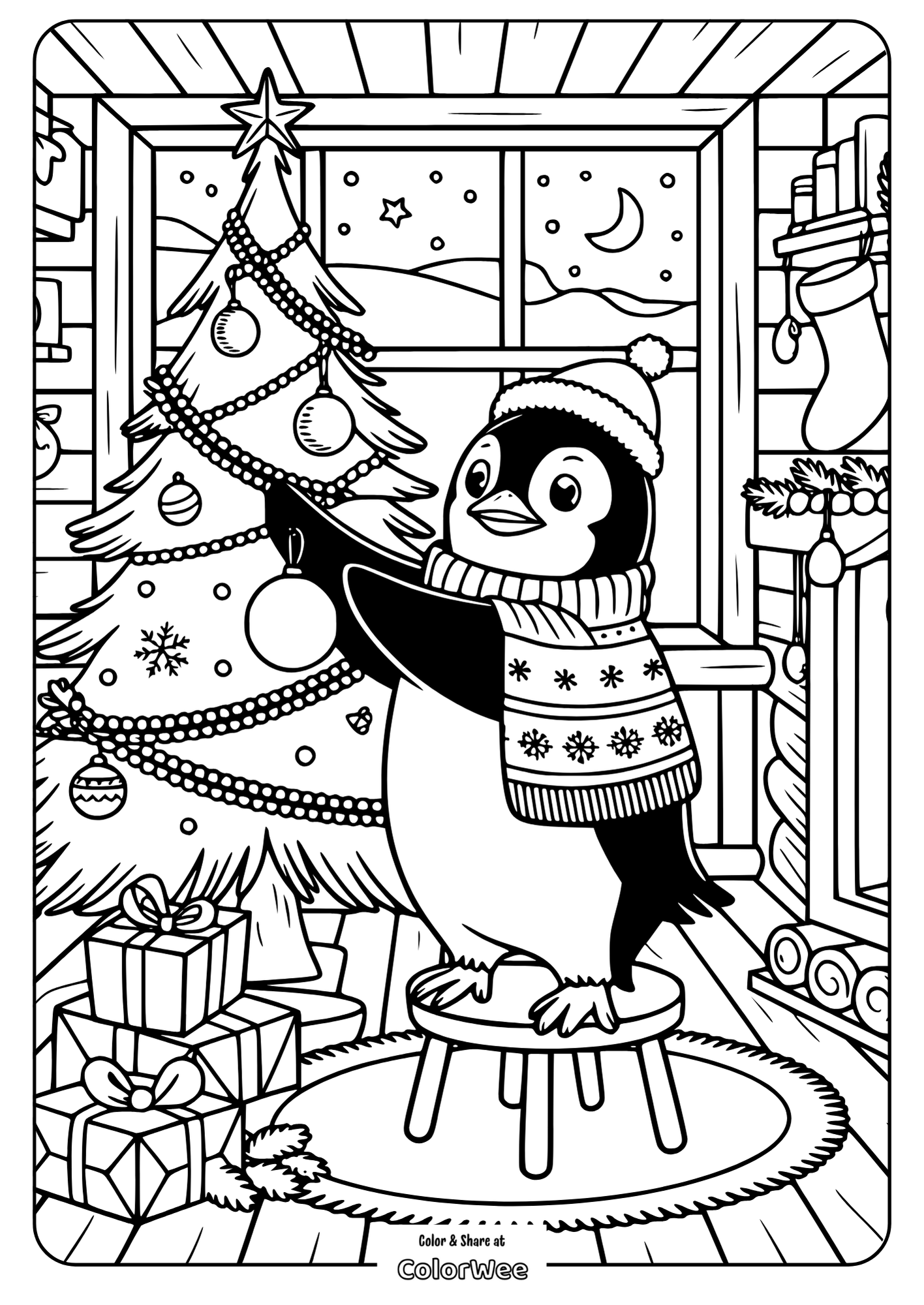 Penguin decorating Christmas tree, cozy winter scene coloring page.