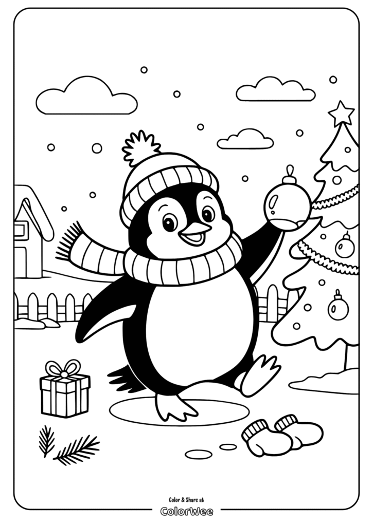 Cute penguin decorating Christmas tree coloring page.
