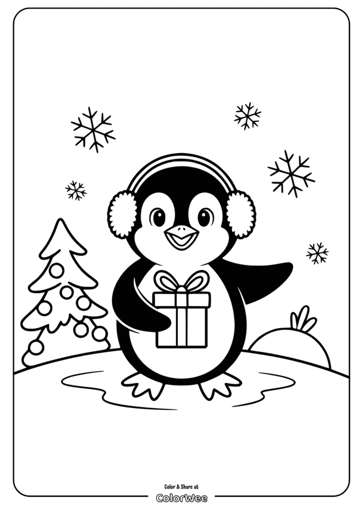 Penguin with earmuffs and a gift, winter-themed coloring page.