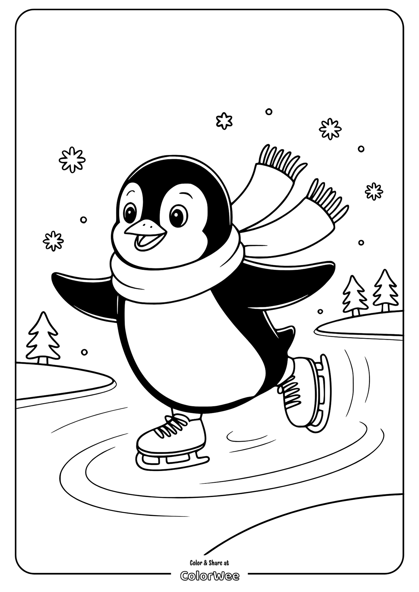 Penguin ice skating coloring page with scarf and snowflakes.