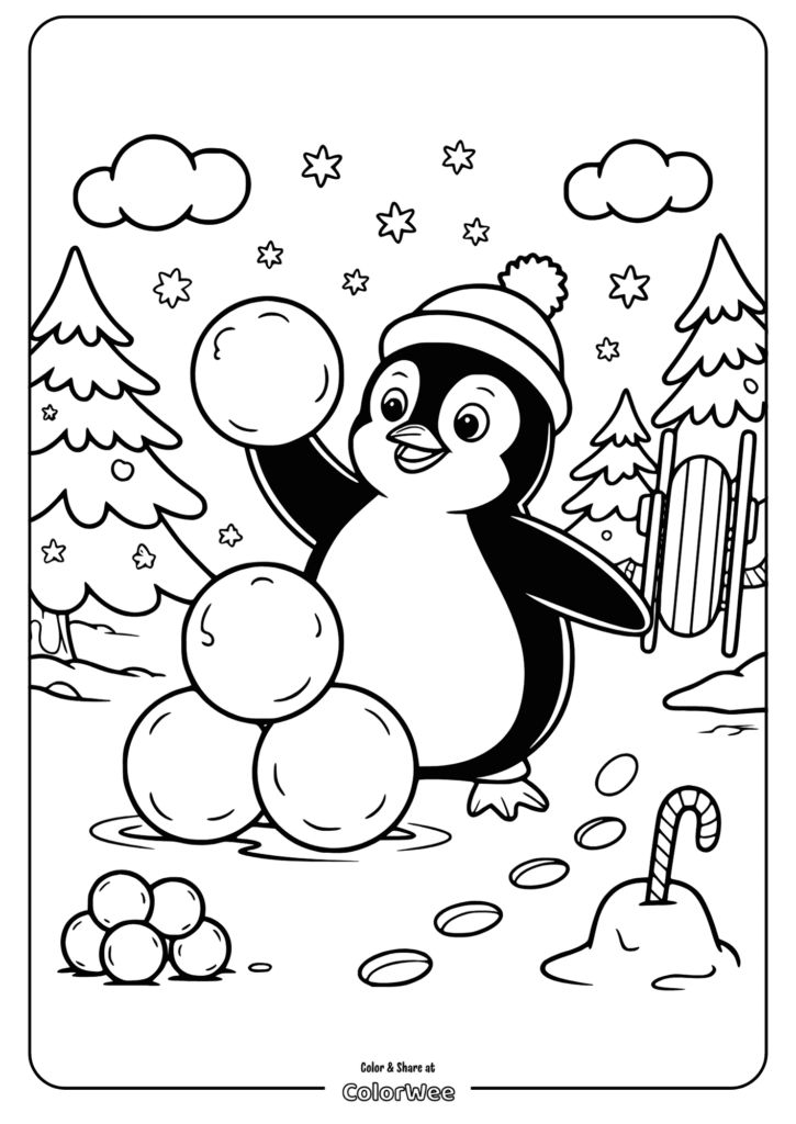 Cute penguin playing in snow, winter coloring page.