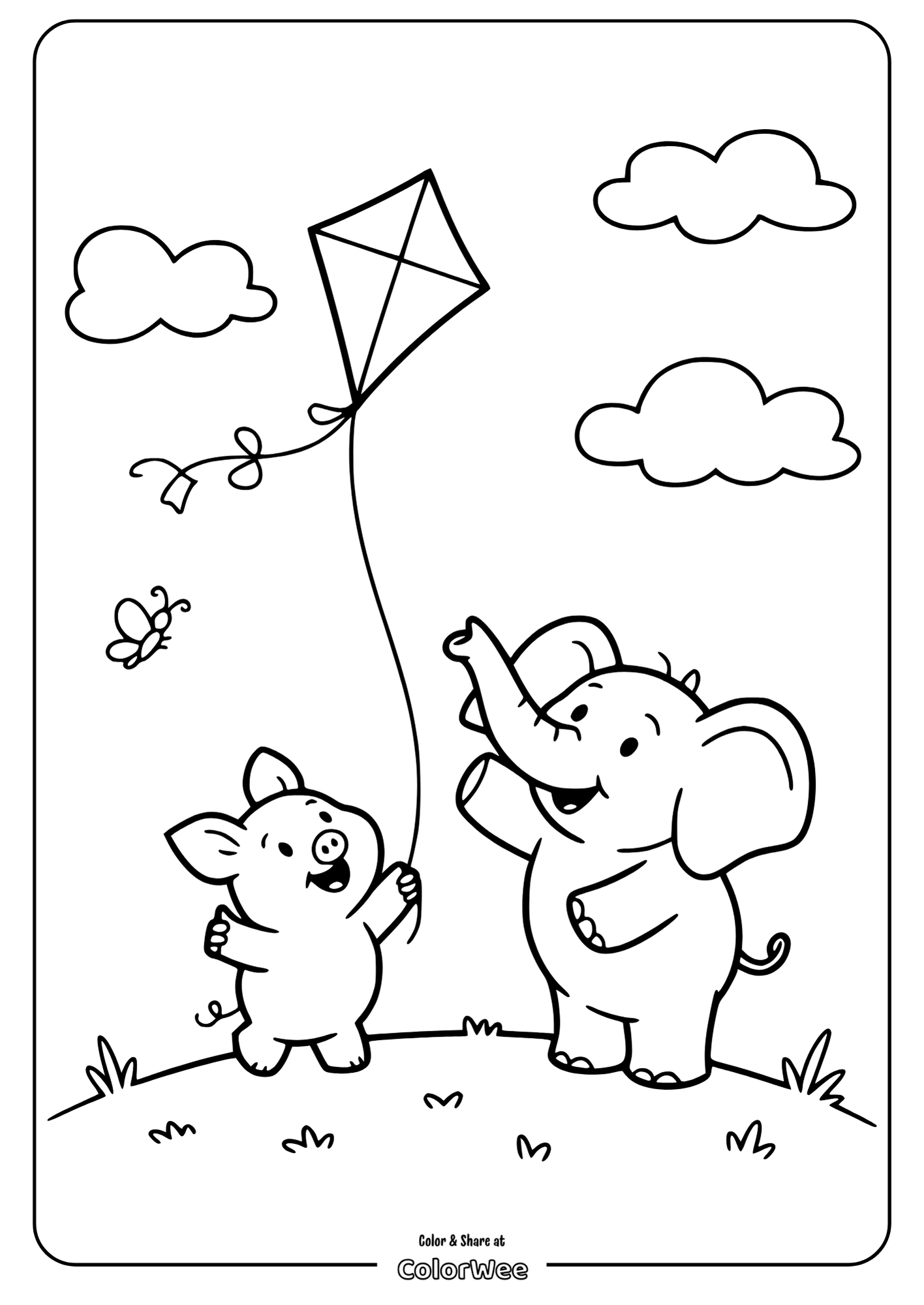 Cute pig and elephant flying a kite on a sunny day coloring page.