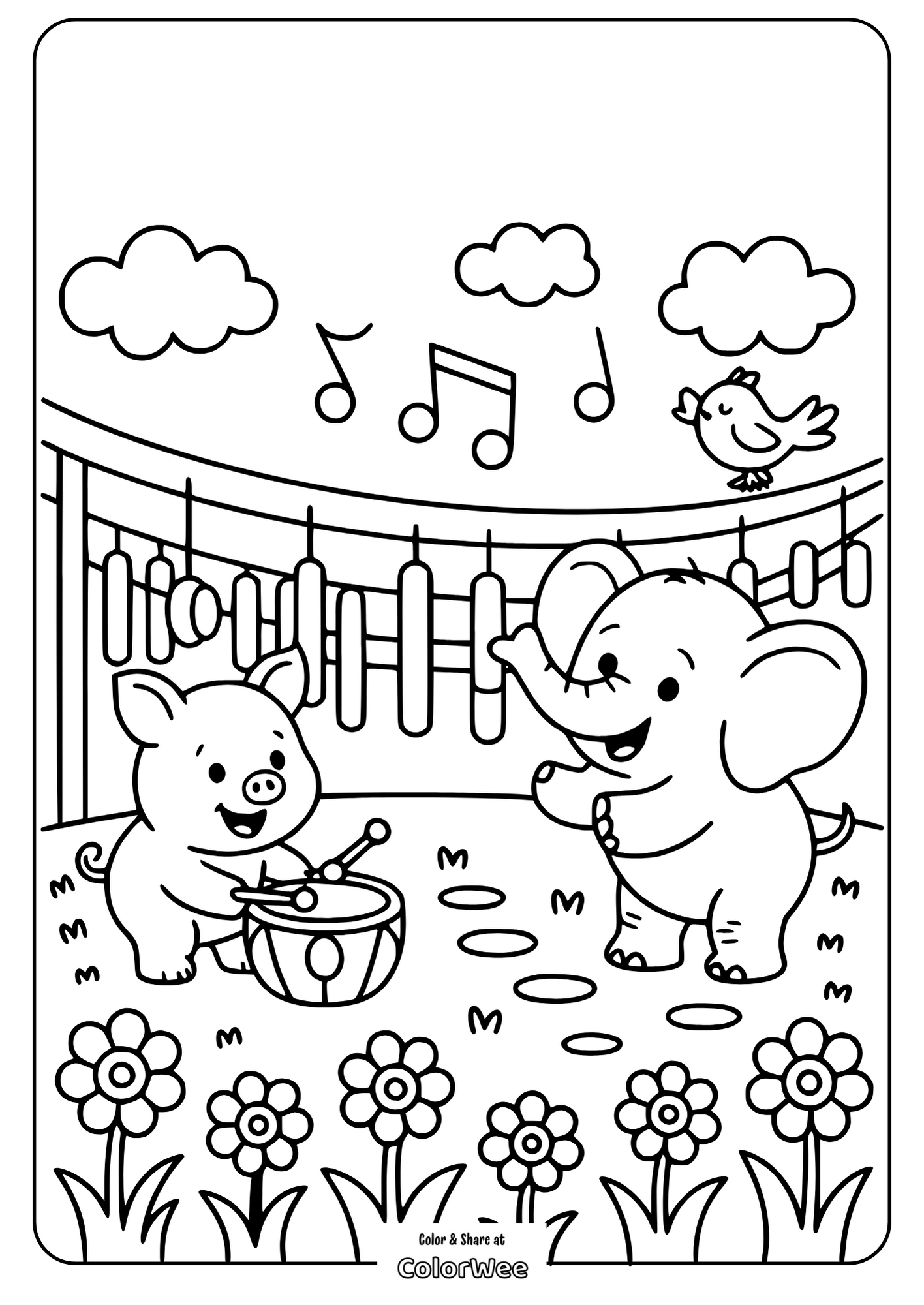 Cute pig and elephant playing music in a garden coloring page.