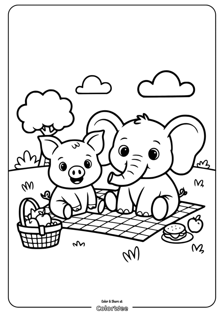 Cute pig and elephant picnic coloring page for kids.
