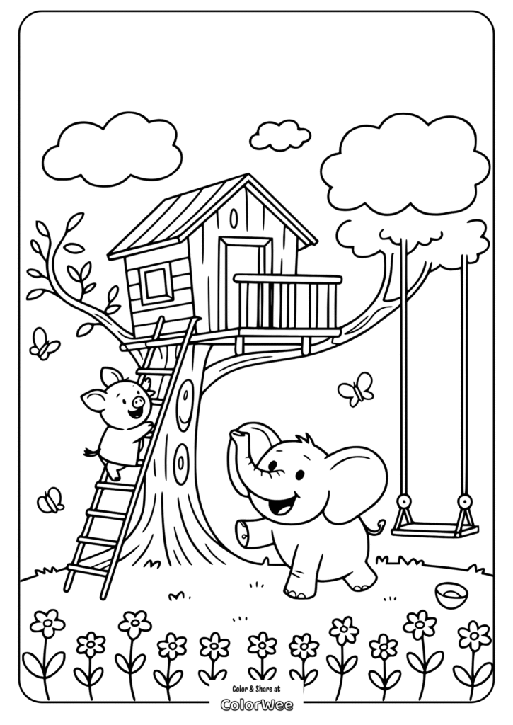 Children's treehouse coloring page with pig and elephant.
