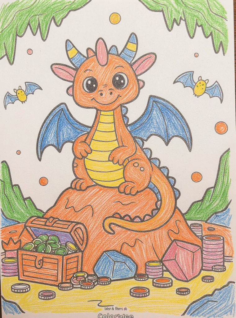 Cute dragon on treasure with colorful bats and coins.