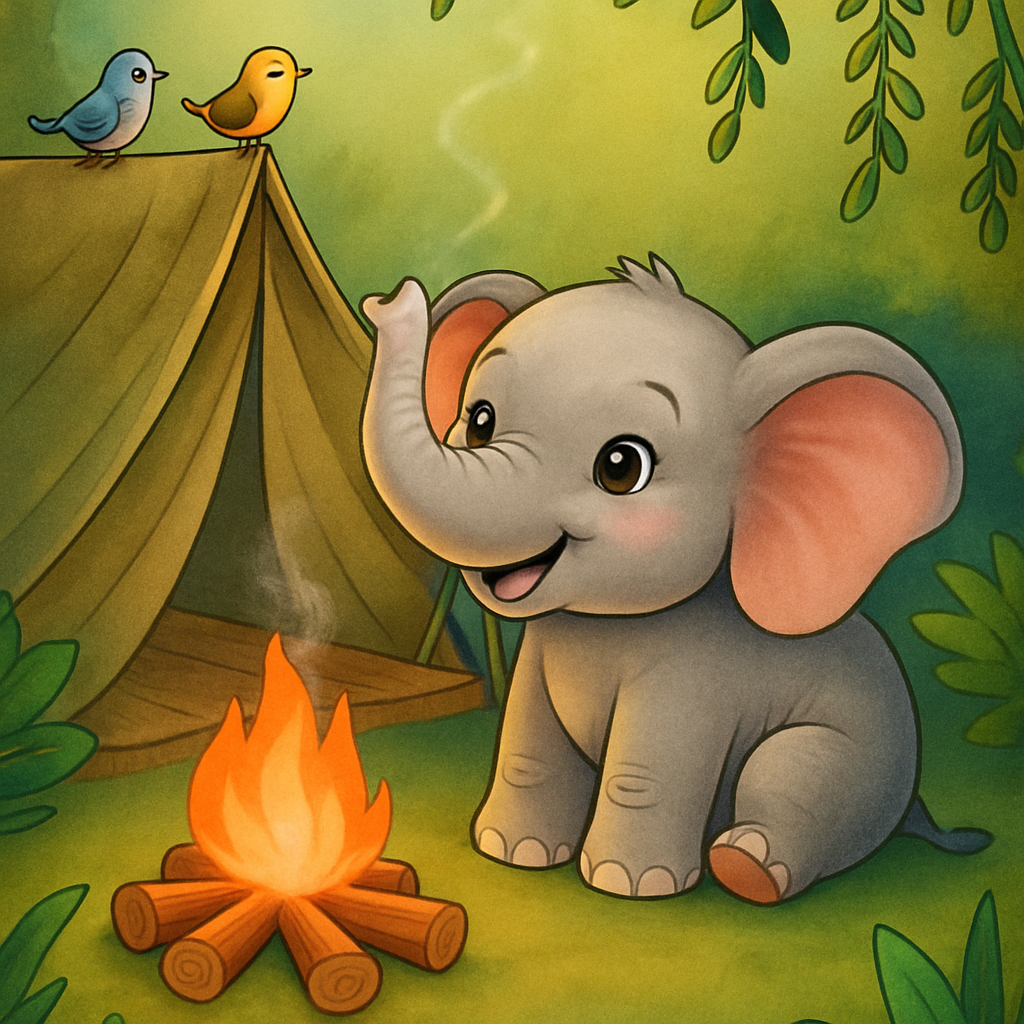 Cute elephant camping by a fire with birds on a tent.