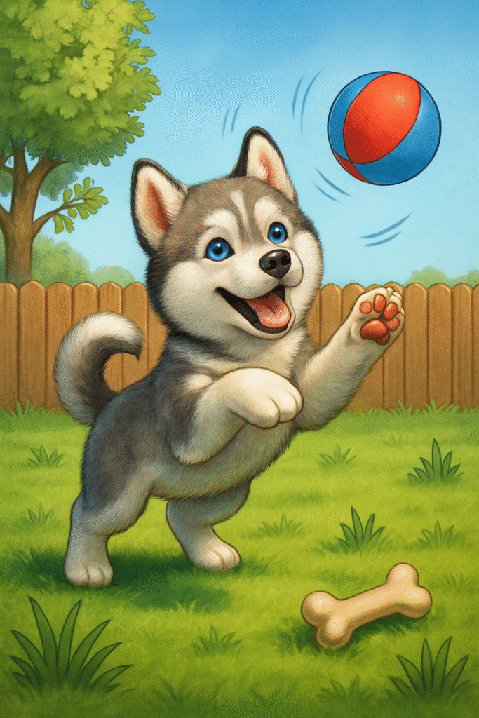 Cute husky puppy playing with a ball in a backyard.