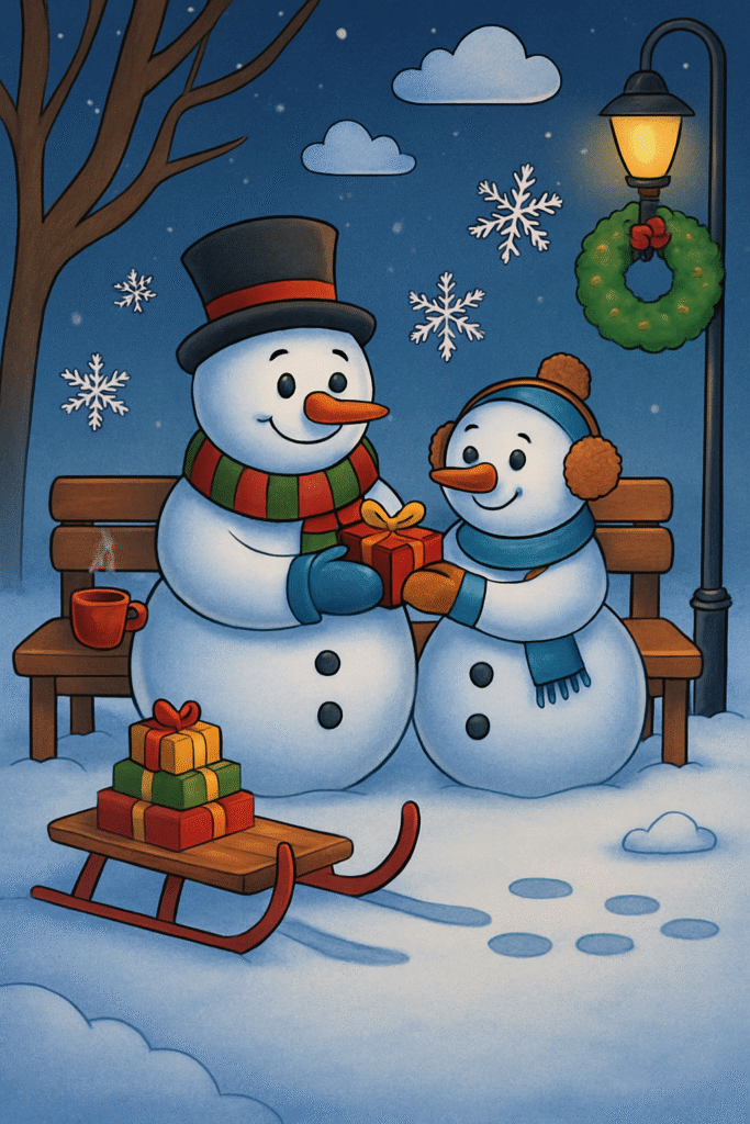 Snowmen exchanging gifts by a bench, festive winter scene.