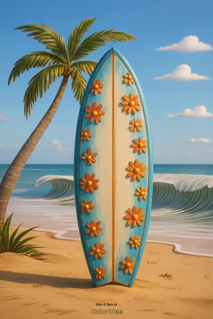 Surfboard with floral design on a beach coloring page.