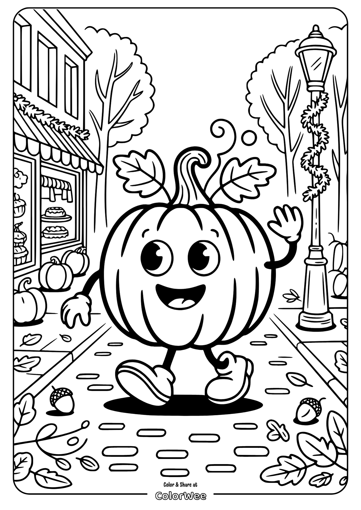 Happy pumpkin walking in autumn street coloring page.