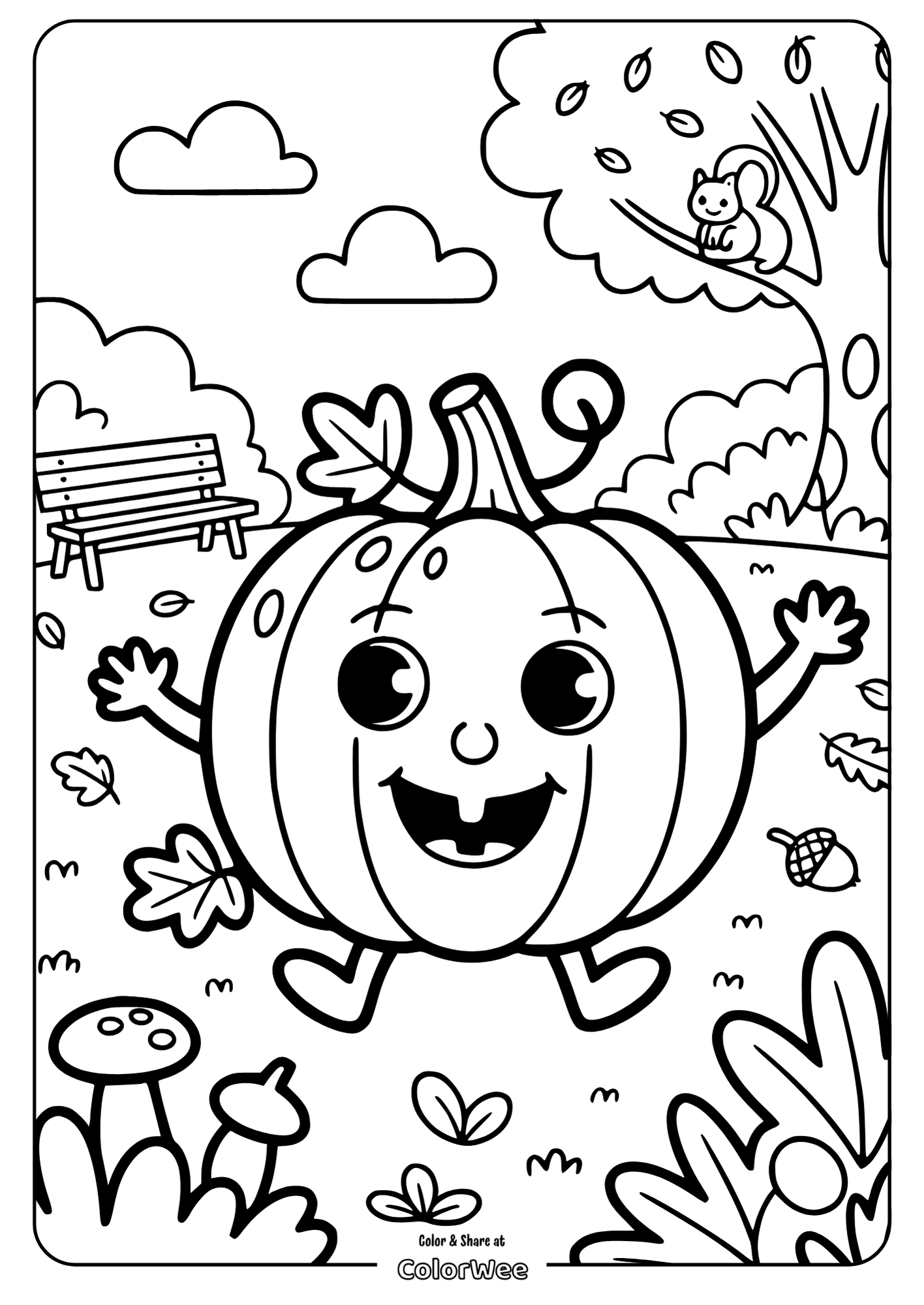 Happy pumpkin in a park with a squirrel, perfect for kids' coloring fun!