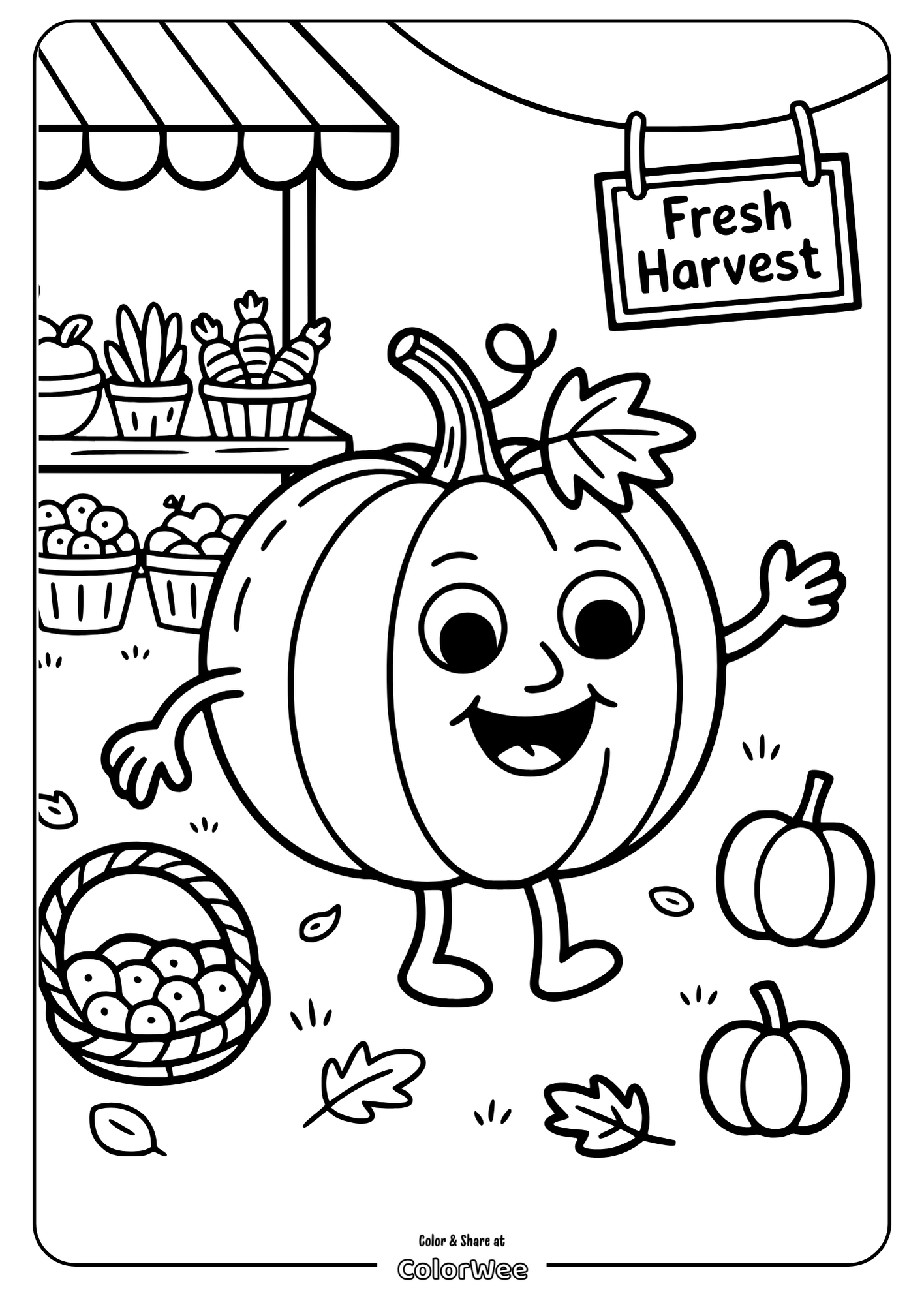 Smiling pumpkin character in a harvest scene coloring page.