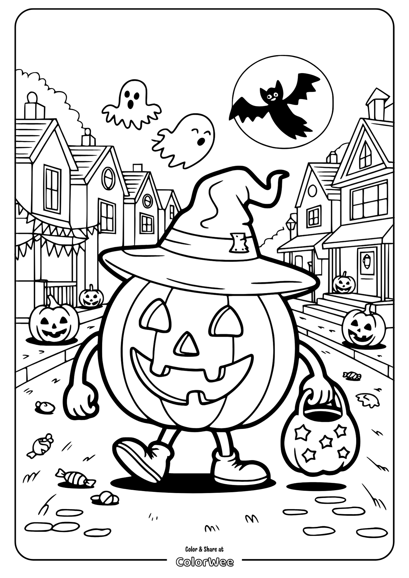 Friendly pumpkin witch in a Halloween street scene coloring page.