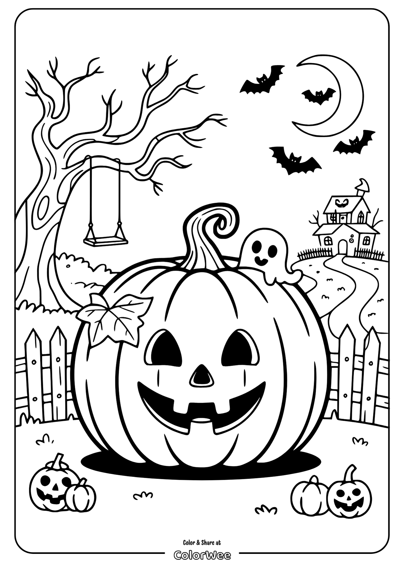 Halloween pumpkin with ghost coloring page.