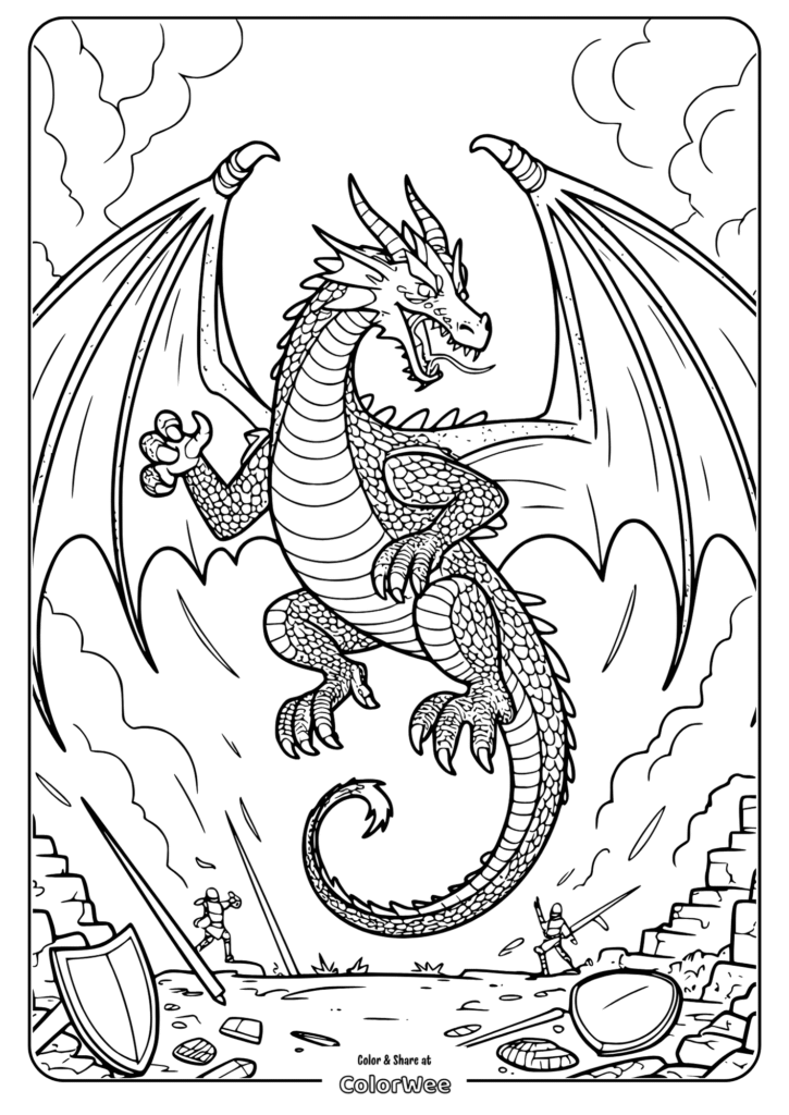 Fantasy dragon coloring page with knights and shields.