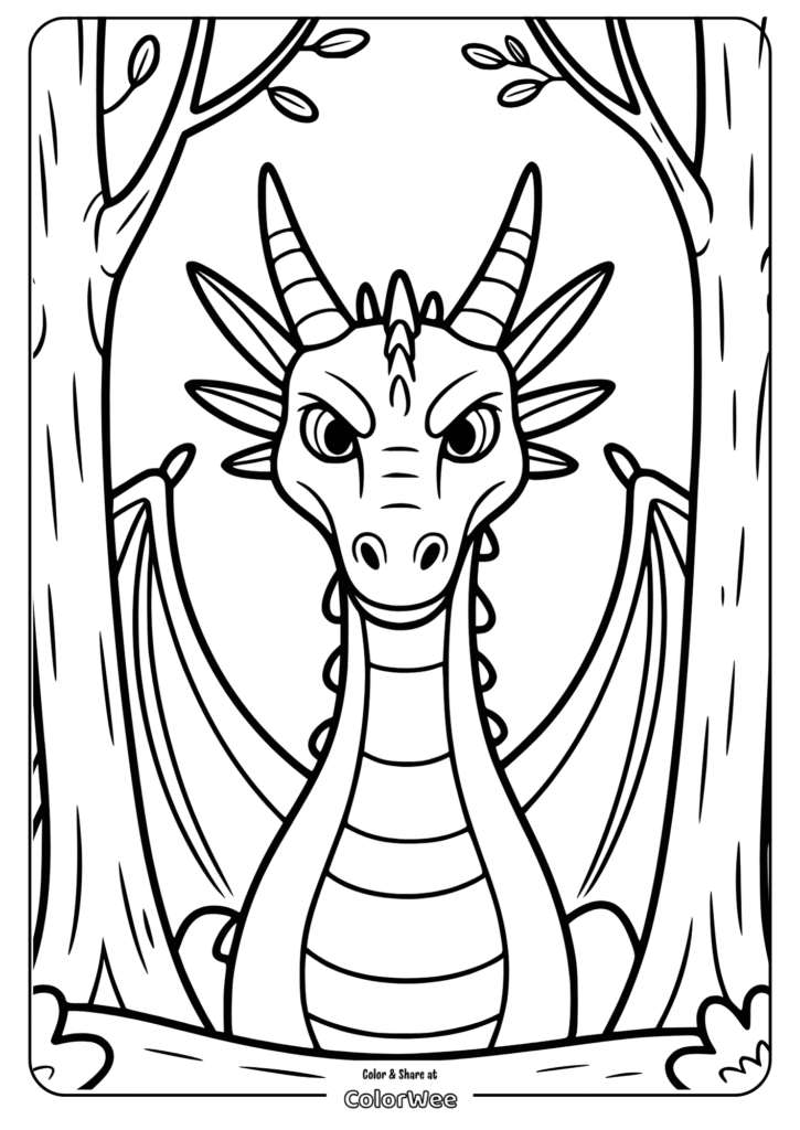 Dragon coloring page with trees in background.