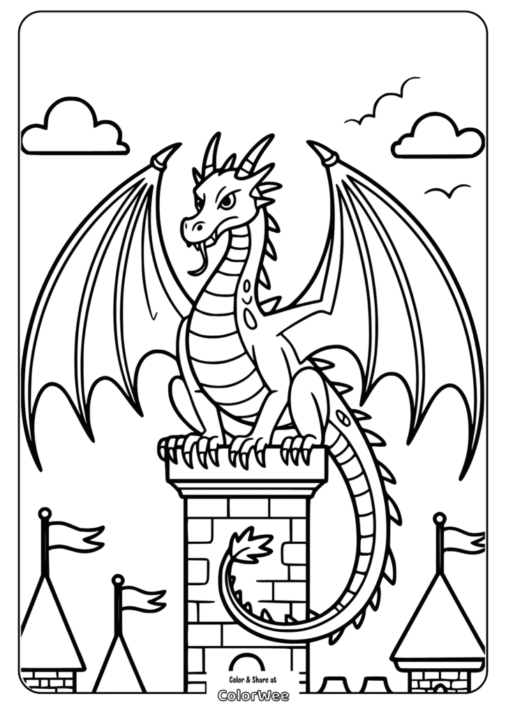 Dragon perched on a tower coloring page.